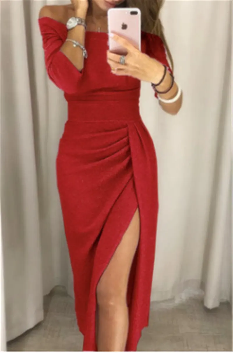 Женские Коктейльные Вечерние с длинным рукавом Bodycon Clubwear платье с длинным разрезом - Цвет: Красный