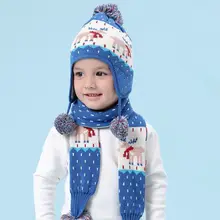 Детская зимняя жаккардовая шапочка с оленем для малышей, шапка, шарф, помпон, шапка-ушанка, теплая 40JF