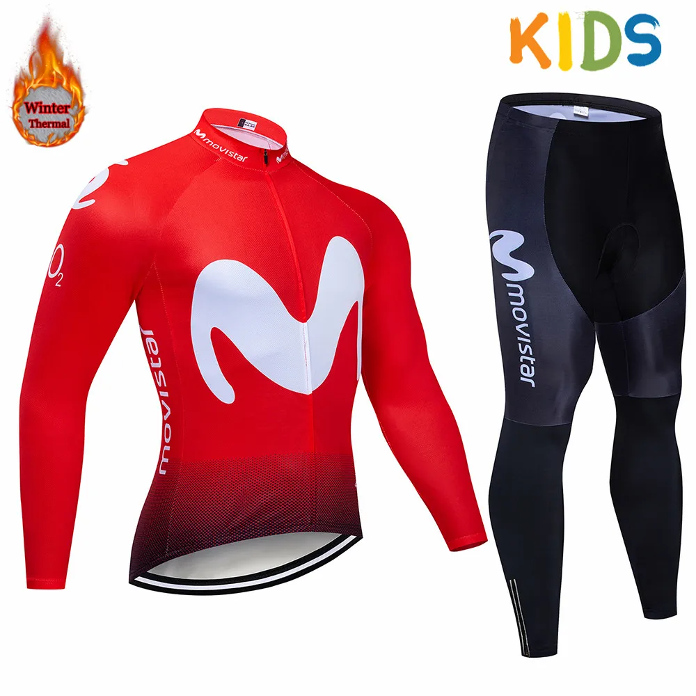 Детская зимняя одежда для велоспорта Movistar для мальчиков, Детская футболка для велоспорта, профессиональная команда, флисовая одежда для велоспорта, комплект с длинными рукавами для велоспорта