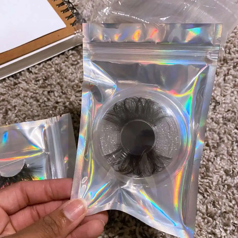 100PCS Zip Lock Bags for One Side Clear Holographic Laser False Eyelashes Storage Bag Makeup Storage Organizer