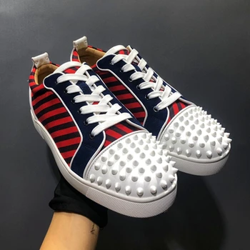 

Red Bottom White Net Men Casual Shoes Fashion Mens Loafers Rivets Monste Toecap Runway Shoes Low cut Lace Up Mens Sneakers 46