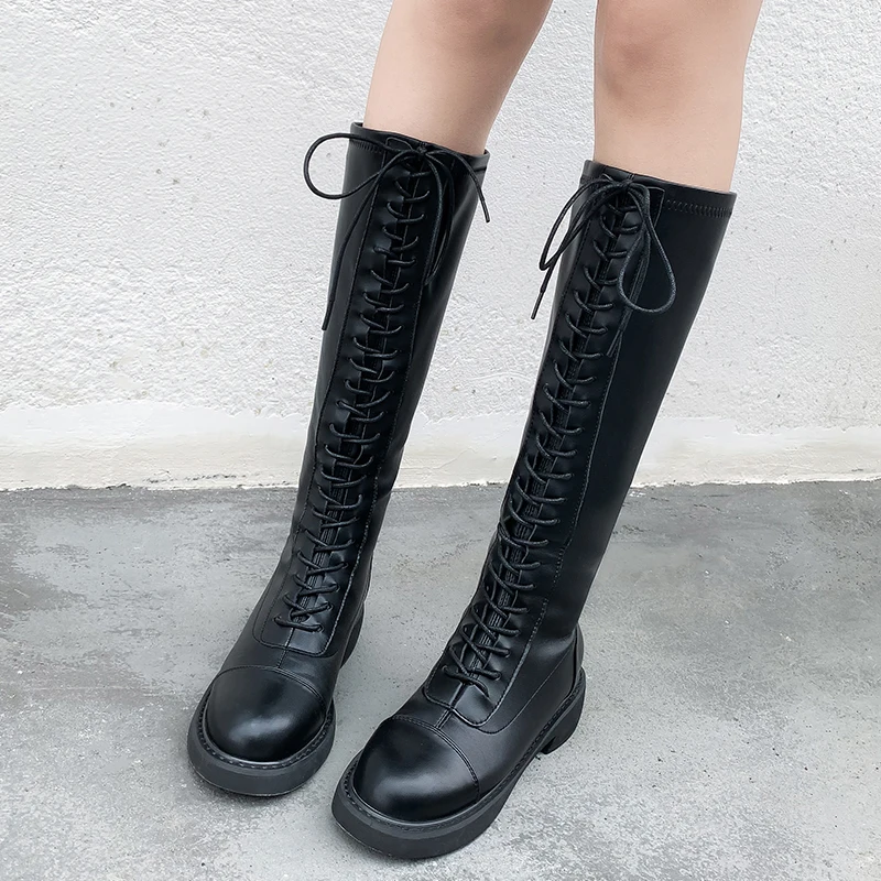 

BYQDY Autumn Lacing Up Knee High Winter Boots Women Shoes Cowgirl Black Square Heels Shoes Cowhide Leather Female Boots Cosplay
