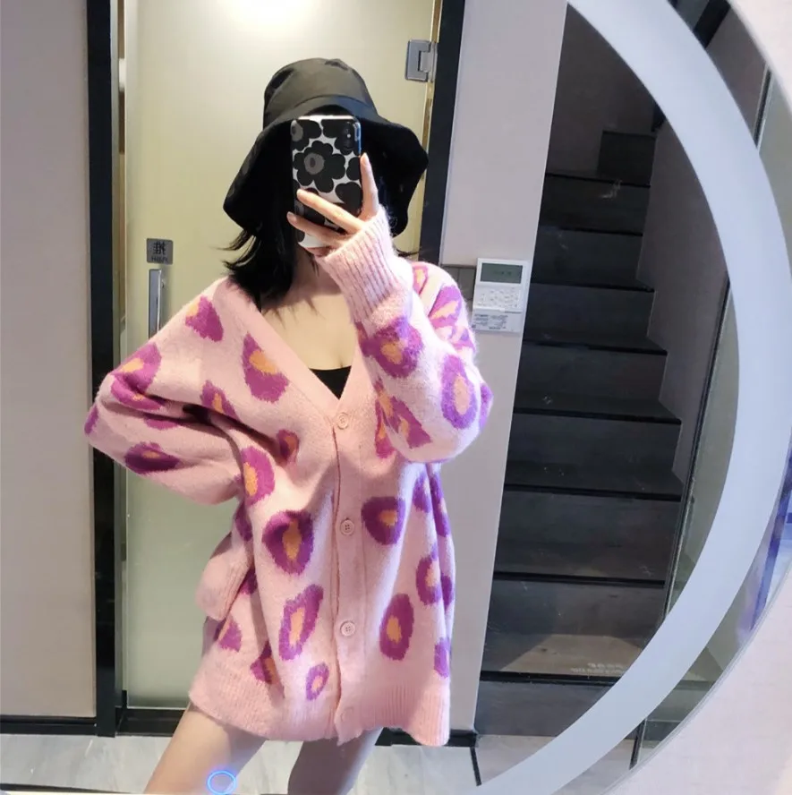 Autumn Winter 2019 New Pink Mohair Long Cardigans Sleeve Flower Leopard Single Breasted Loose Knit Warm Coat |
