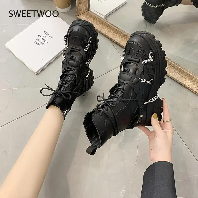

Black Gothic Platform Women's Winter Boots Snow Boots Chain Furry Boots High Heels
