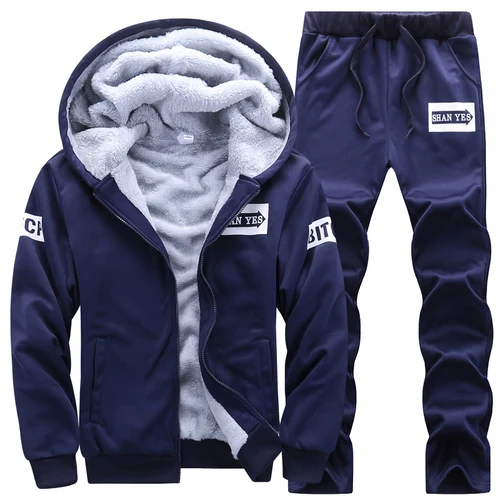 Dark Blue Зимняя мужская Толстая Толстовка, куртка, пальто с капюшоном, плотные штаны, комплект из 2 предметов, плюшевая подкладка, теплые мужские куртки, брюки размера плюс, K50 - Цвет: Dark Blue