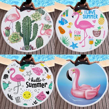 

New Fashion Microfiber With Tassel Beach Towel Summer Large Round Beach Bath Towel Flamingo Pattern Blanket Carpet Travel Mat