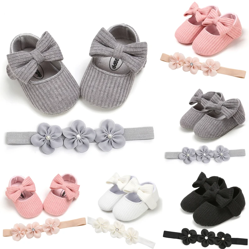 Emmababy модные милые комплекты одежды из 2 предметов; для детей; детская обувь; детские для девочек, обувь для младенцев Детские Мягкая подошва, с бантом для детей, начинающих ходить Туфли под платье+ повязка на голову