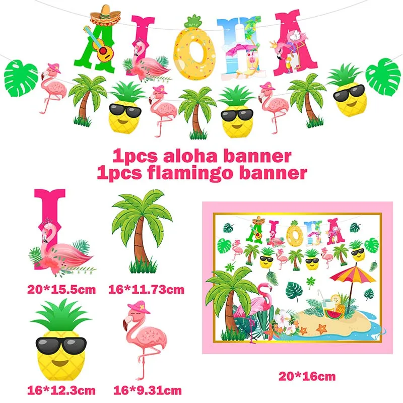 Flamingo Party Tableware Hawaii ALOHA Bunting Banner Balloon Garlands Summer Tropical Hawaiian Party Birthday Wedding Decoration 