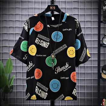 

Tshirt 2020 summer male student Korean version loose trend short sleeve round neck hip hop smiley print black Free shipping