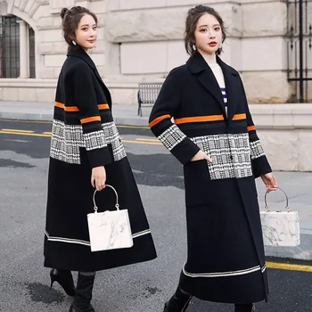 

Chic Nese Women Fashion Long Female Plus Size OvercoatThick Plaid Elegant Coat Woolen Streetwear Warm Windbreaker Trench