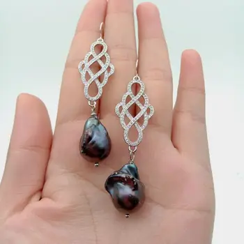 

Black Keshi Baroque Pearl Silver Hook Cz Connector