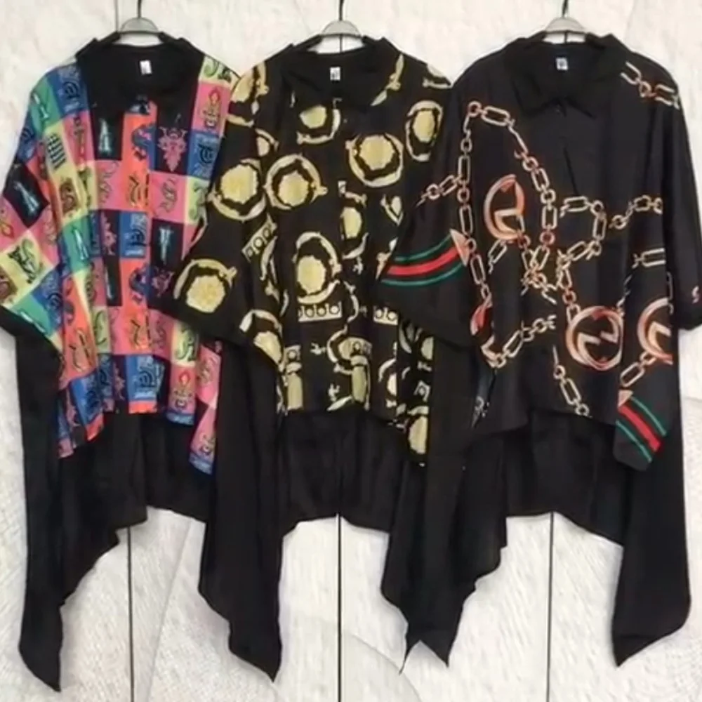 

African Bazin Clothes New Spring Summer Shirt Women Gold Chain Printed Tops Tee Dashiki Irregular Maxi Loose Swallowtail Blouse
