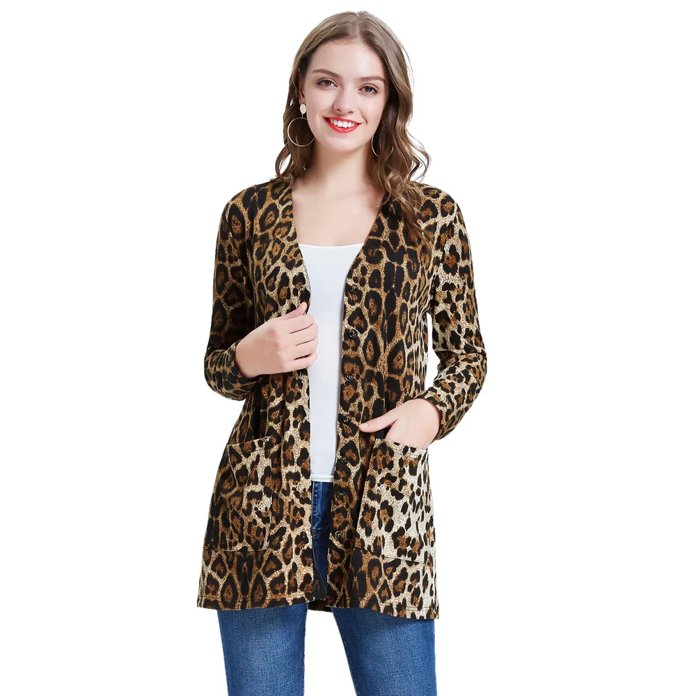 

Women's coat Leopard Pattern Long Sleeve V-Neck Button Placket Spring Fall Coat With Pockets sexy elegant slim long jacket tops