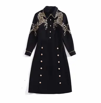 

European and American women's clothing 2019 winter new style Long sleeved horse embroidered exquisite buttons Fashion dress