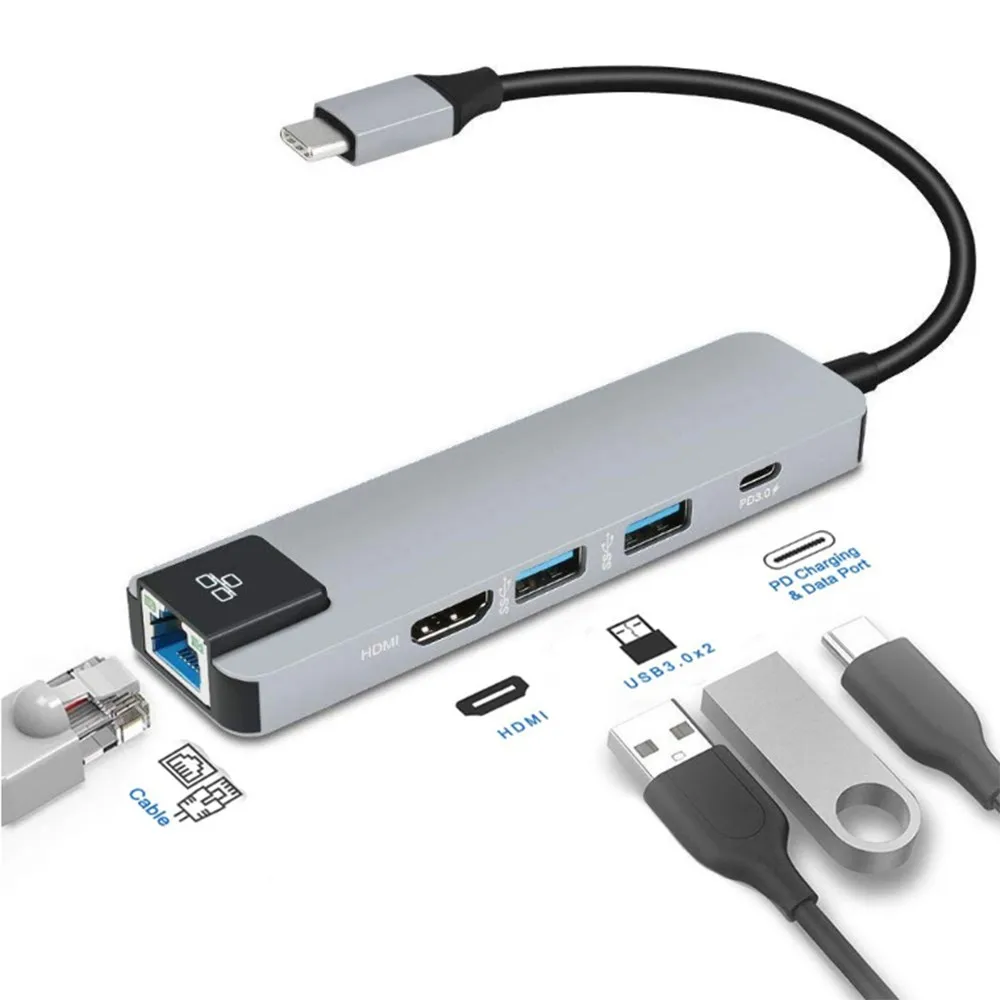 5 в 1 концентратор USB Type C HDMI 4K USB C концентратор для Gigabit Ethernet RJ45 Lan адаптер для MacBook Pro Thunderbolt 3 USB-C зарядное устройство