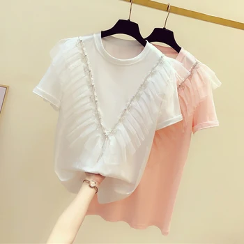 

Women's Summer T-shirt Diamond Mesh Stitching Ruffled T Shirt Female Short Sleeve Sweet Tops T Shirts White Pink Tee Blusas