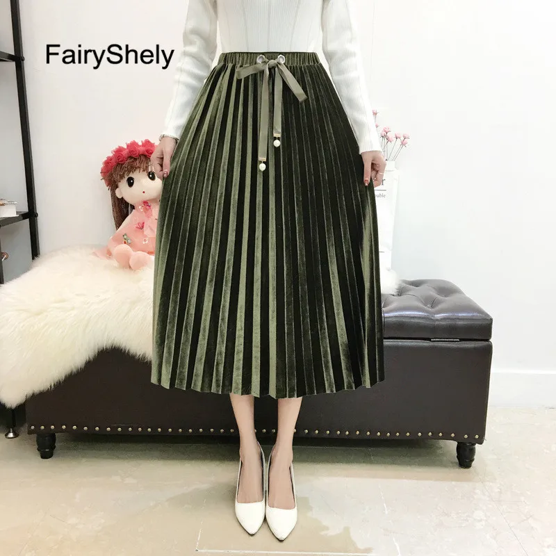 FairyShely ArmyGreen бархатная плиссированная длинная юбка Женская Осенняя зимняя эластичная лента Высокая талия Теплая юбка черная Макси офисная юбка