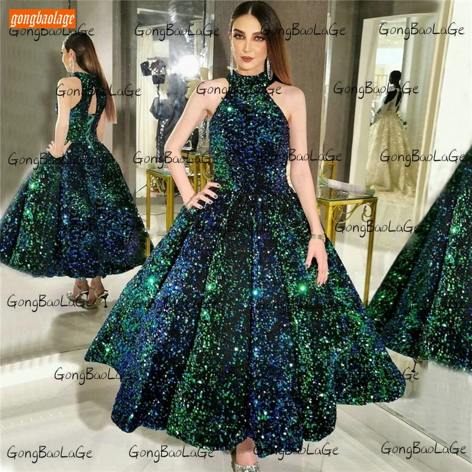 Luxury Green O Neck Prom Gowns Sleeveless Ankle Length Sparkly Sequin Long Prom Dresses Women Party Custom Made Vestidos De Gala