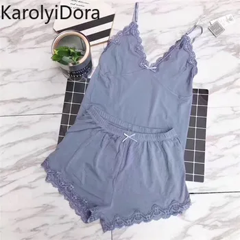 

Two Pieces Cotton Pajama Set Sexy Lace Top And Shorts Summer Pyjamas Sleepwear High Elastic Pijama Nightie Home Clothes