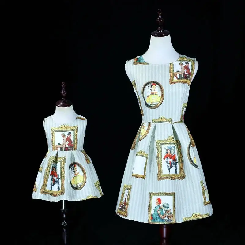 Mother Daughter Runway Dress Mom Girls Cartoon Vest Dresses Mommy girl Match Twinning Party Dress Family Look Outfits - Цвет: as shown