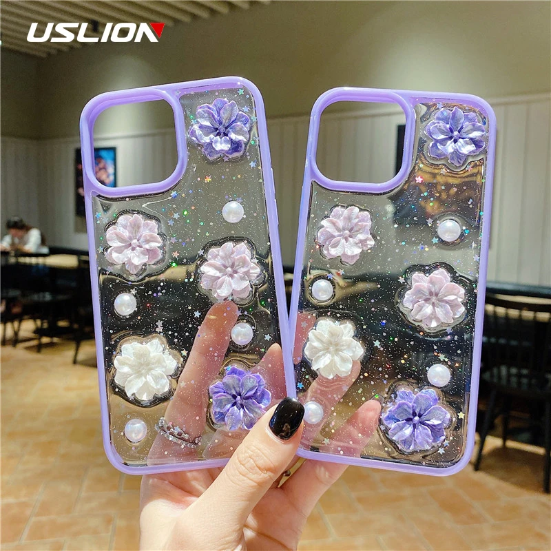 Роскошный 3D чехол USLION из эпоксидной смолы с цветами для iPhone 11 Pro 13 XR 7 8 Plus X XS 12 Max