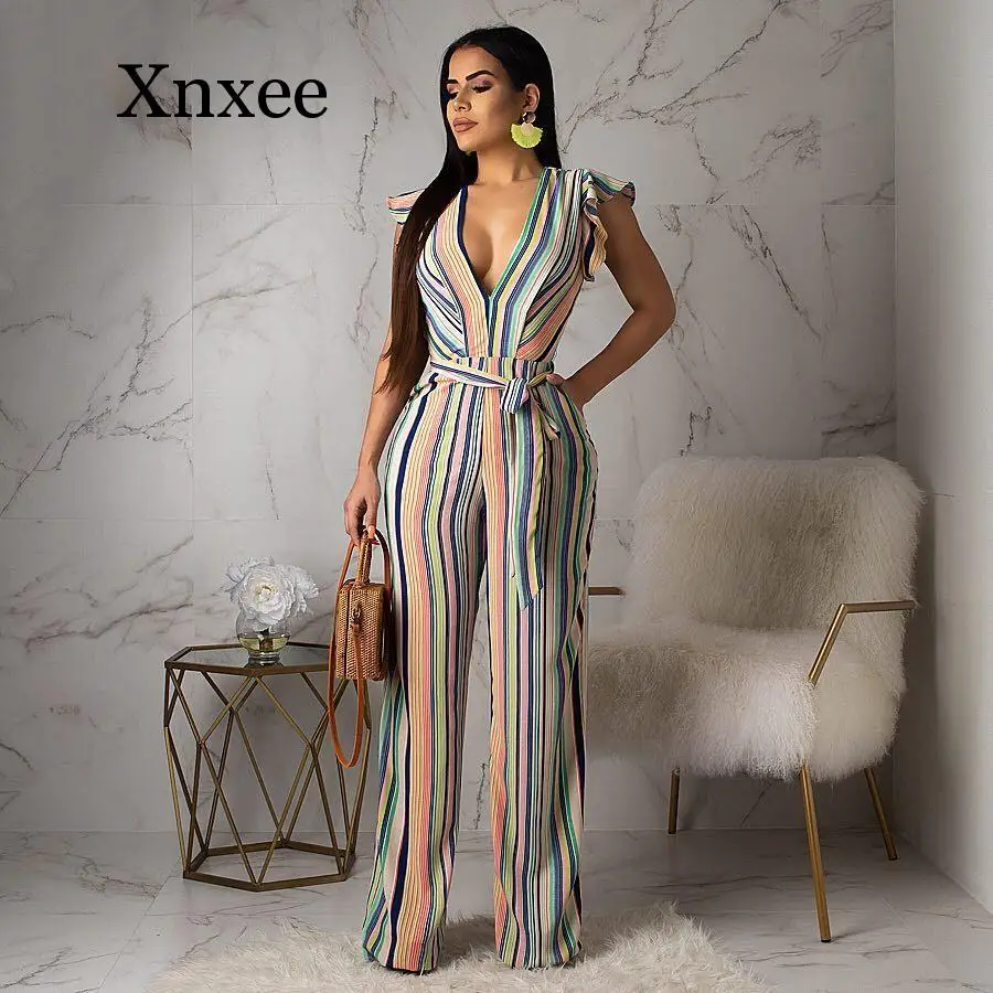 

Striped Patchwork Sexy Overalls For Women Deep V Neck Butterfly Sleeve Wide Leg Jumpsuits Summer Open Back Sashes Beach Romper