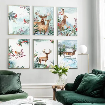 

Christmas Snow Landscape Animal Silhouettes Elk Bird Fox And Flower Canvas Painting Wall Pictures Posters Living Room Decoration