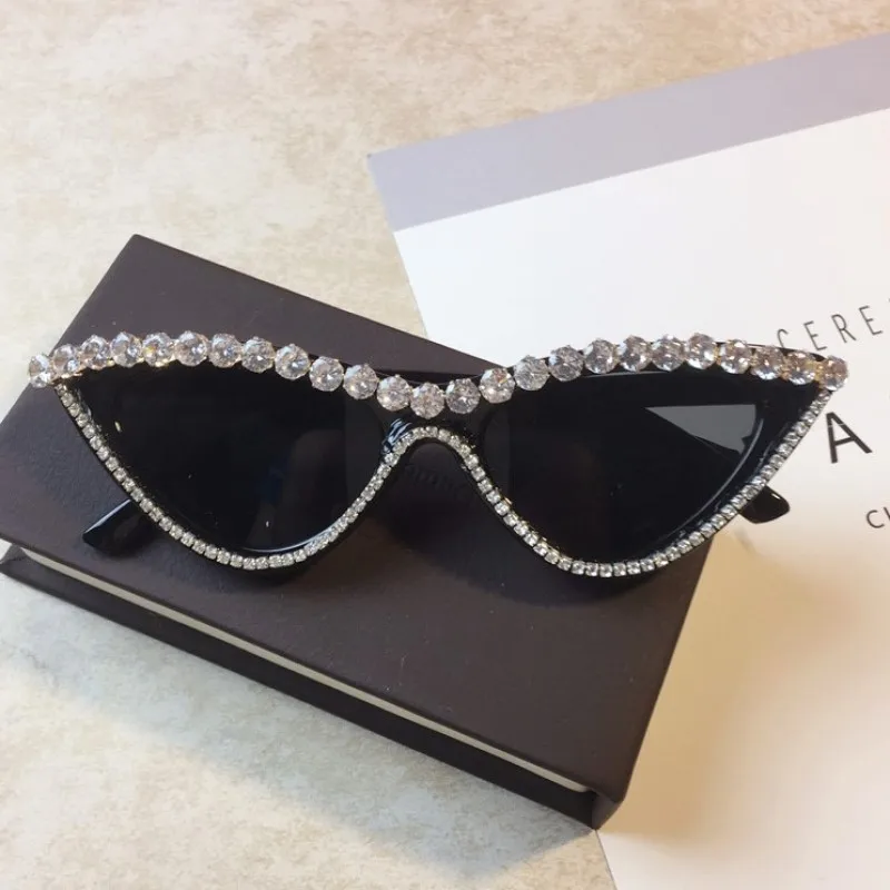 Винтажные роскошные солнцезащитные очки с кристаллами и бриллиантами Cateye, женские брендовые дизайнерские черные и розовые солнцезащитные очки в оправе, солнцезащитные очки «кошачий глаз», Шикарные очки - Цвет линз: 6001-1