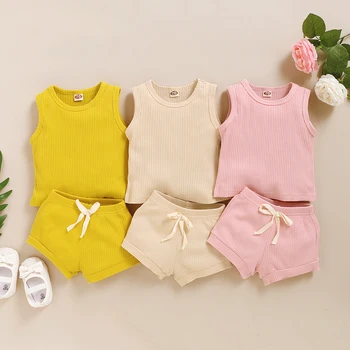 

Summer Toddler Baby Girls Boys Sports Set Solid Short Sleeve Romper Tops+Shorts 2pcs