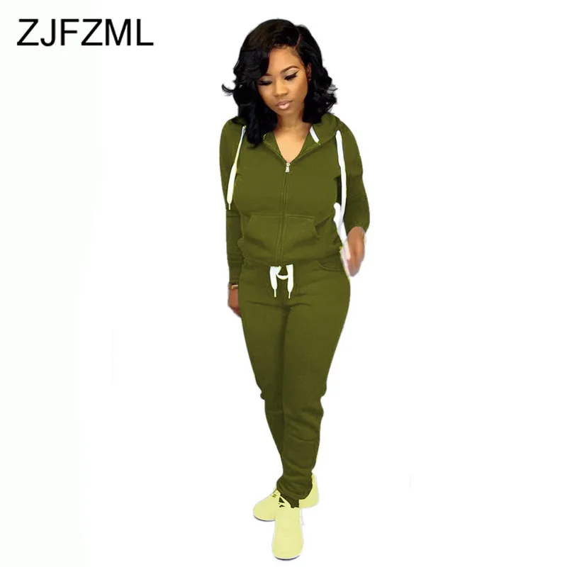 

Causal Solid 2 Piece Winter Outfits Pants Set Women Hooded Full Sleeve Zipper Up Pockets Coat + Bodycon Trousers Matching Set