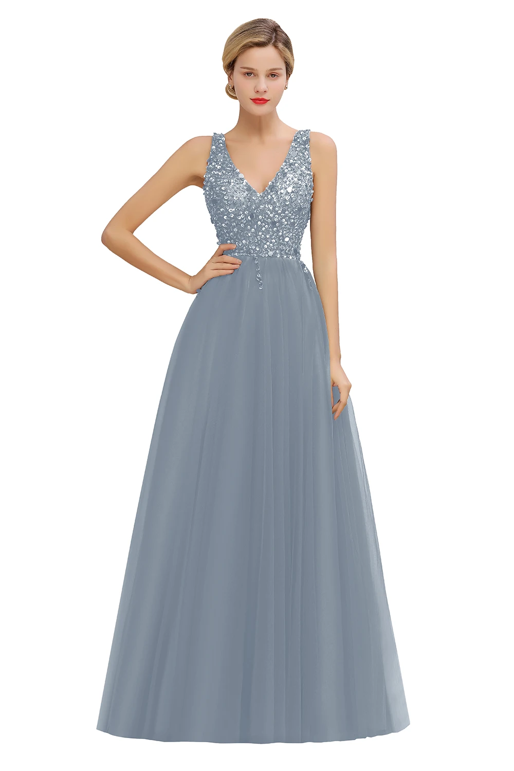 Misshow вечернее платье бордовое длинное фатиновое торжественное вечерние платье роскошное блестящее платье с v-образным вырезом без рукавов robe de soiree - Цвет: Dusty Blue