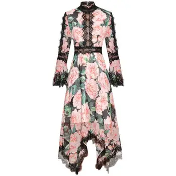 

Red RoosaRosee Runway Spring Summer 2020 Fashion Holiday Dress Women Flare Sleeve Lace Floral Print Dresses Female Vestidos Robe