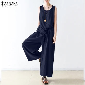 

ZANZEA Stylish Summer Women Sleeveless Solid Rompers Casual Wide Leg Jumpsuits Playsuits Loose Overalls Dungarees Oversize Pants