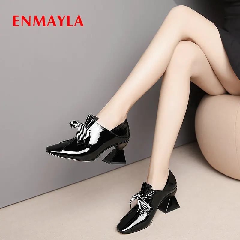 ENMAYLA 2020Pointed Toe Womens Shoes Heels Basic Hoof Heel Patent Leather Slip-On Fashion Luxury Women Designers 34-43 | Обувь