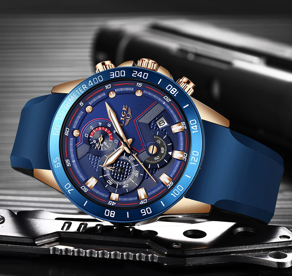 Мужские часы, новинка, модные синие Кварцевые Золотые часы, мужские часы, Топ бренд, роскошные часы, мужские спортивные водонепроницаемые часы с хронографом