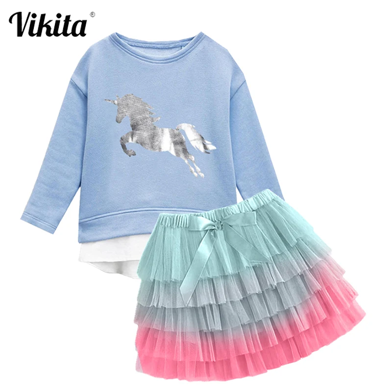 

VIKITA Girls Clothing Sets Children Cartoon Unicorn Tops Tees + 5 Layered Tutu Skirts Chilidren Autumn Spring Clothing Outfits