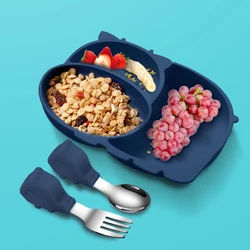 Cuencos antideslizantes para bebé, platos, cucharas, vajilla de silicona para alimentación de niños, tenedor inoxidable para hipopótamo, libre de BPA