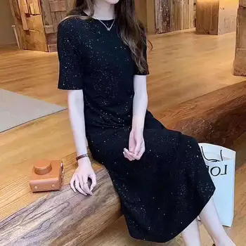 

Sequined Paillette Dot Woman Dress Summer Dress A-line Plus Size Black Midi Dresses Female Vestidos De Verano Loose Sundress