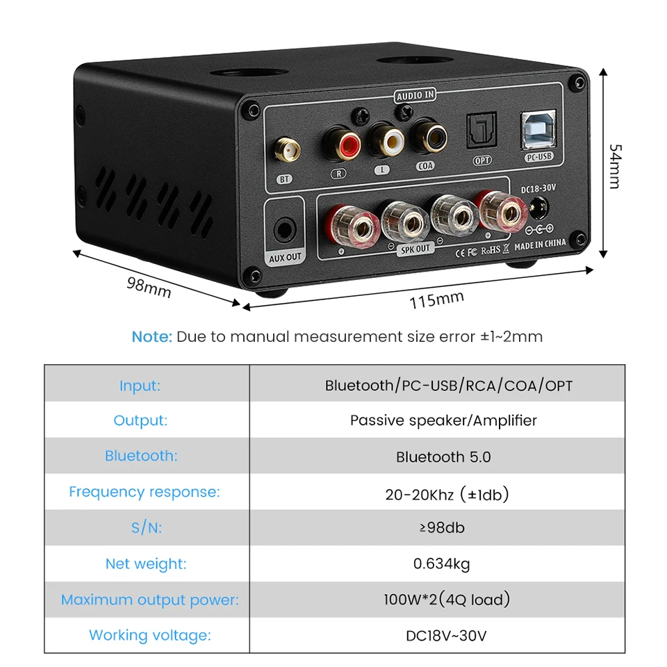 AIYIMA HiFi Tube-T9 BT 5.0 Vacuum Tube Amplifier 100W×2 USB DAC Fiber Coax Decoding Amplifier With VU Meter Home Digital Amp