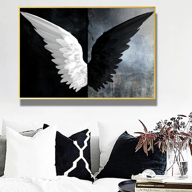 

Black and white angel wings wings Abstract Oil Painting on Canvas Posters and Prints Cuadros Wall Art Pictures For Living Room