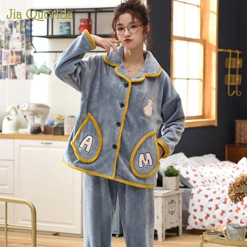 Women Clothes 2020 Winter Alphabet Plus Size Pajamas Turn-down Collar Grey and Yellow Cartoon Full Length  Winter Set Pajama Set