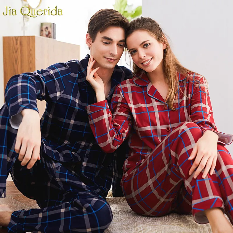 J & Q Pijama Пара Одежда Кардиган Топ с длинным рукавом хлопок для мужчин и женщин пижамы Нагрудные плед бренд дома повседневное костюм