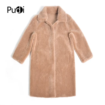 

PUDI women winter warm sheep shearing overcoat with real fur collar Windbreaker lady long real Fur coat jacket overcoat CT852