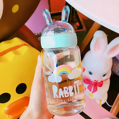 Rainbow Модная Милая бутылка для воды для девочек, креативная стеклянная микро-кружка с кроличьими ушками, Kawaii, портативная герметичная чашка для воды - Цвет: Rainbow