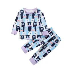 Kawaii/детская одежда для маленьких детей осенние Топы с длинными рукавами и рисунком медведя + штаны, пижамы, одежда для сна W910