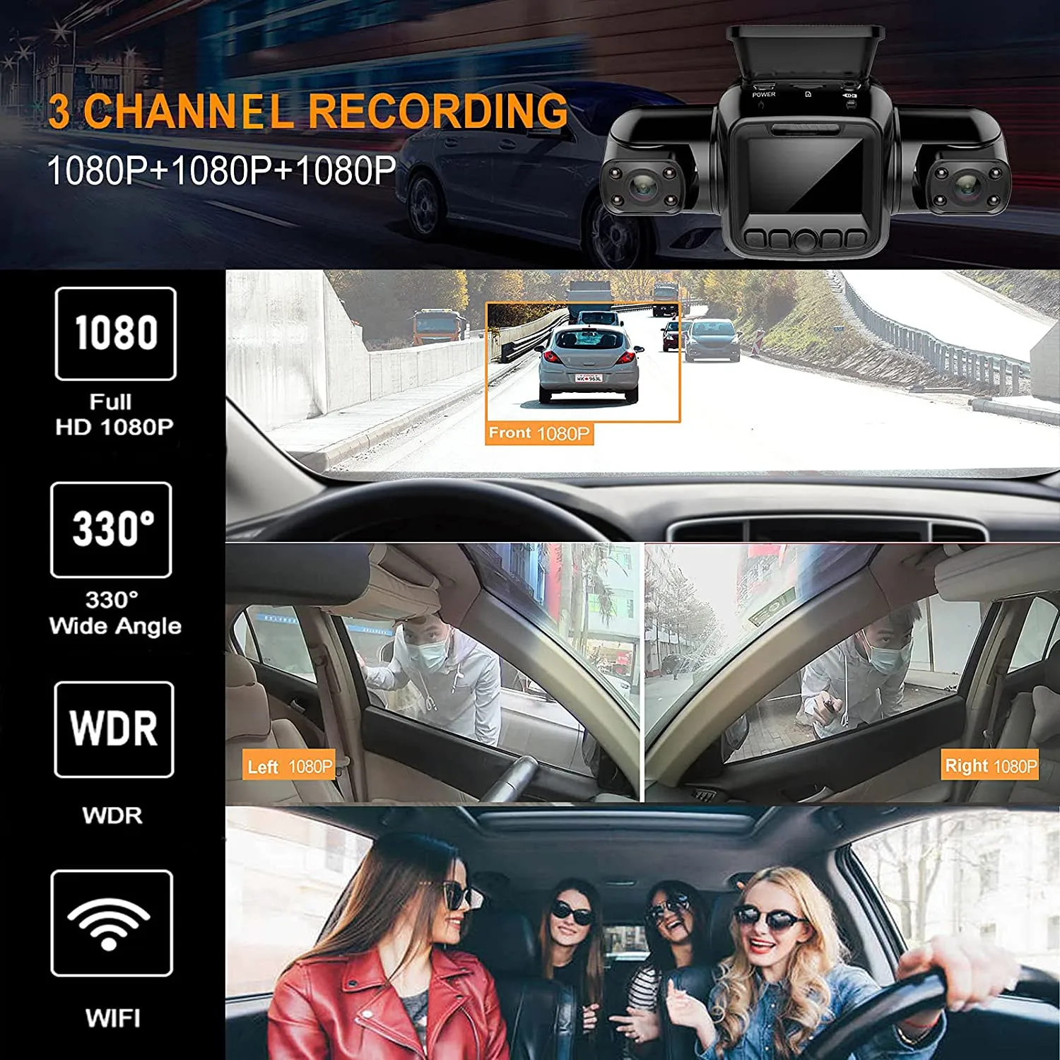 4 CH 360 Dash Cam FHD 4*1080P Video Recorder WiFi/GPS 8 Infrared Night Vision 24 Hours Parking Monitoring Vehicle DVR Max 256GB