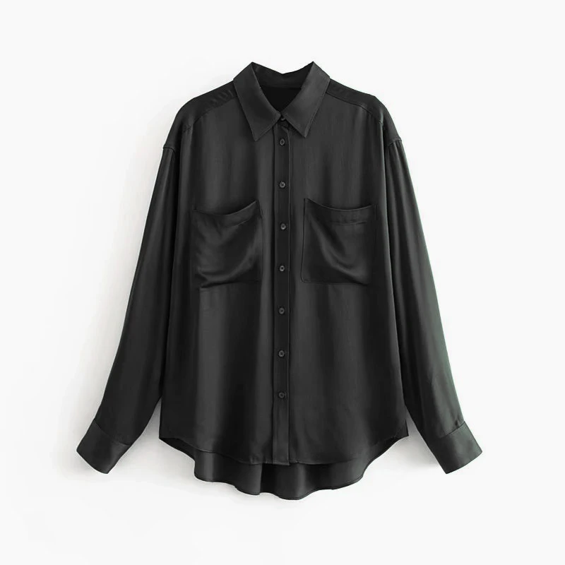 Однотонная Повседневная Женская блузка с длинным рукавом, элегантная рубашка с двойным карманом, Женская офисная блузка с отложным воротником, топ Blusa Mujer