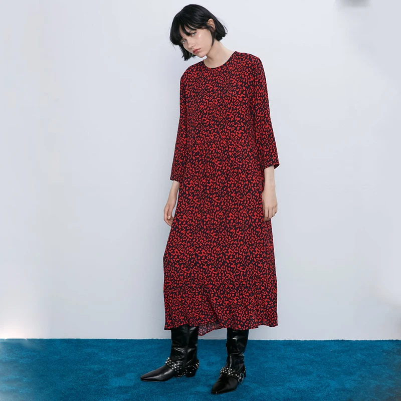 Мода лето/осень Boho o-образным вырезом ZA Печать Платье женское элегантное корейское Красное Длинное Цветочное платье друзья/Девушки Подарки свободные