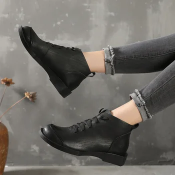 

YourSeason Platform Genuine Leather Ladies Shoes New 2021 Autumn Spring Women Handmade Vintage Ankle Boots Lace Up Round Toe