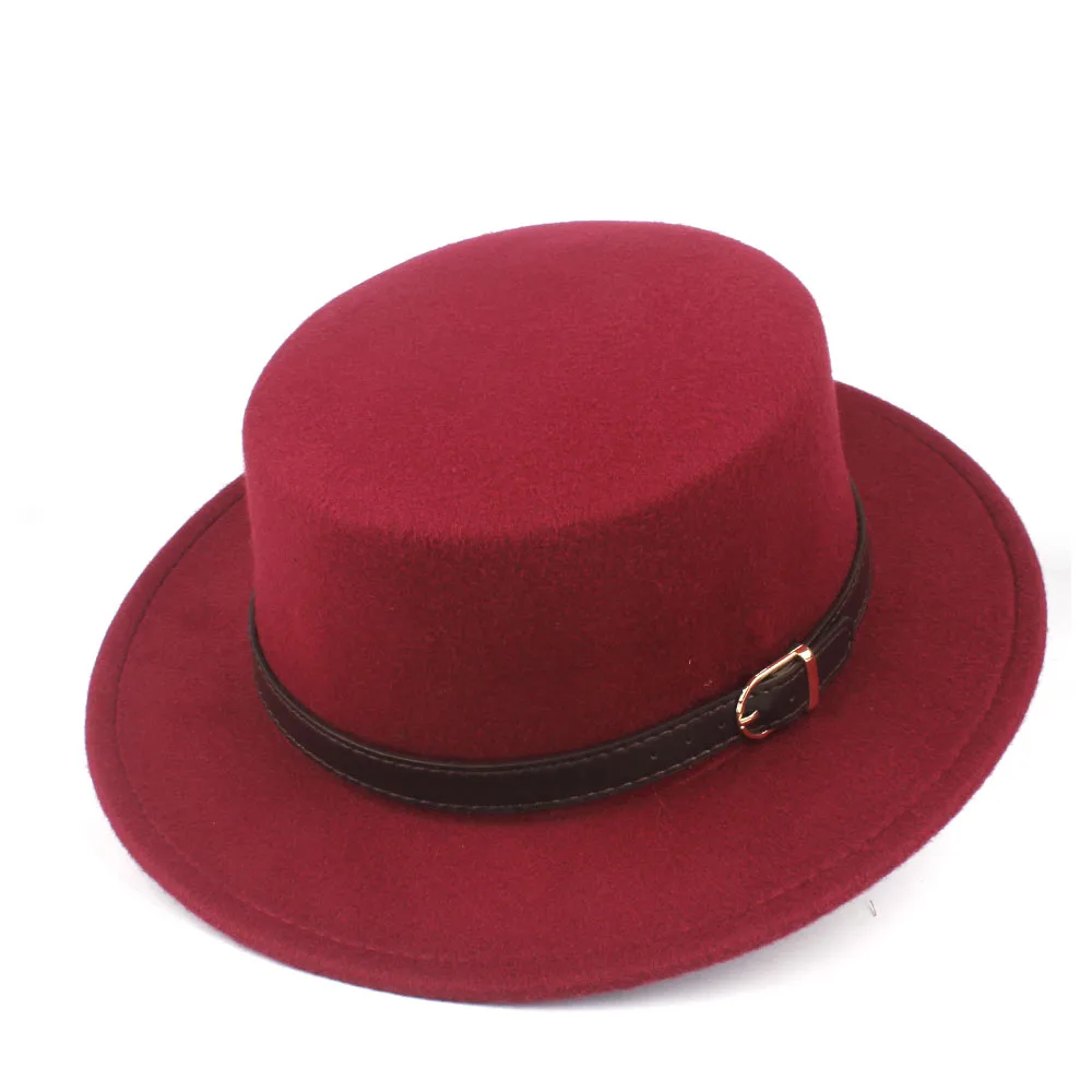 Мужская и Женская шерстяная фетровая шляпа на плоской подошве, джазовая шляпа для джентльмена, Повседневная дикая Очаровательная шляпа для элегантной леди, шляпка для церкви, размер 56-58 см - Цвет: Wine Red
